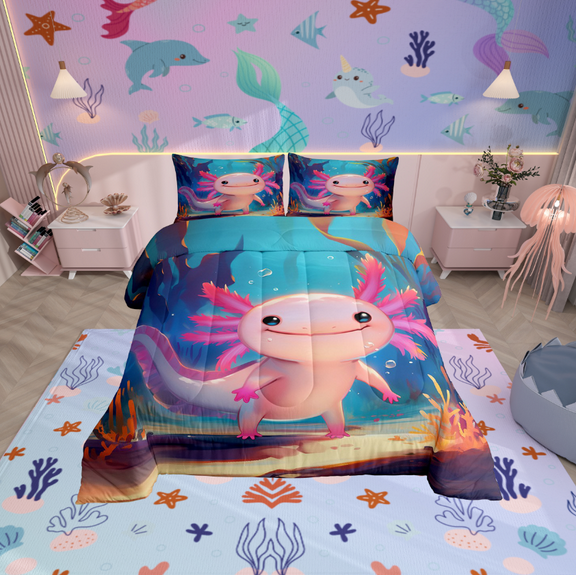 Erosebridal Kawaii Axolotl Bedding Sets Twin with Comforter, Blue Pink Duvet Insert, Lake Lotus Reversible Comforter Sets Twin Size, Ultra Soft Bedroom Decoration, 2-Piece