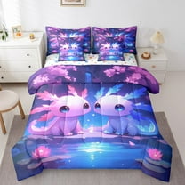 Erosebridal Kawaii Axolotl Bedding Sets Twin Size, Blue Pink Comforter Sets with Sheets, Lake Lotus Reversible Bed Set, Super Cozy Bedroom Decor, 7-Piece