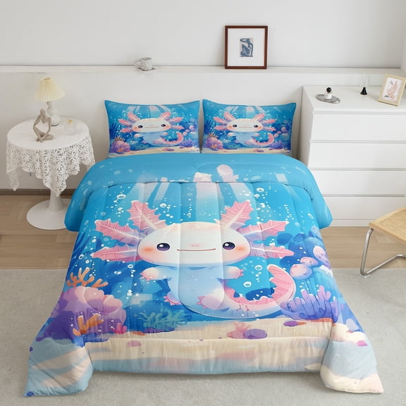 Erosebridal Kawaii Axolotl Bedding Twin Comforter Set, Blue Marine Down Comforter, Dreamy Sealife Decor, Lightweight