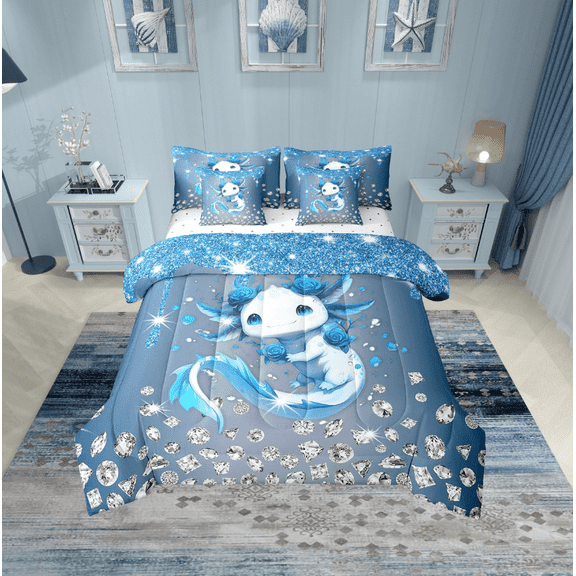 Erosebridal Kawaii Axolotl Bedding Twin Size, Blue Rose Bed in a Bag Twin size, Sequin Print Reversible Bed Set, Microfiber Bedroom Decorative, 7-Piece