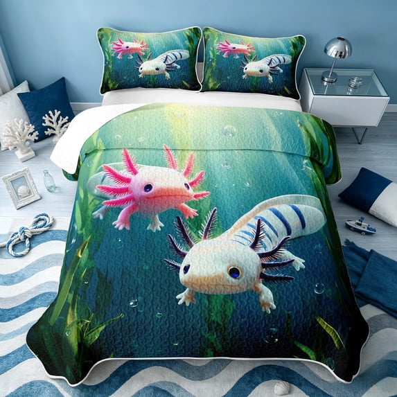Erosebridal Kawaii Axolotl Quilt King, Sea Animal King Coverlet Set, Stars Reversible 3-Piece, 1 Bedspread and 2 Pillowcases