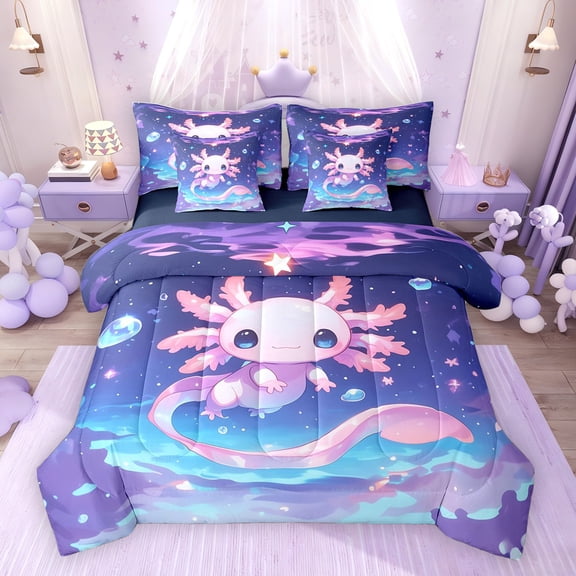 Erosebridal Kawaii Axolotl Twin Bedding Sets for Kids Boys Girls, Cosmos Stars Bedding Comforter Set, Navy Reversible, 7-Piece