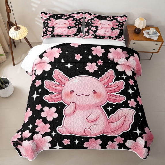 Erosebridal Kawaii Axolotl Twin Quilt Set,Cherry Blossom Stars Print Twin Coverlet Set For Girls,2-Piece