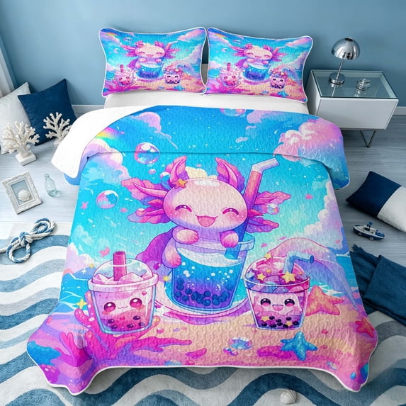 Erosebridal Kawaii Axolotl Twin Quilt Set, Dreamy Boba Twin Coverlet Set, Stars Reversible 2pcs, 1 Bedspread and 1 Pillowcase