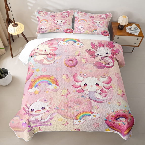 Erosebridal Kawaii Axolotl Twin Quilt Set,Pink Donut Rainbow Twin Coverlet Set For Girls,2pcs