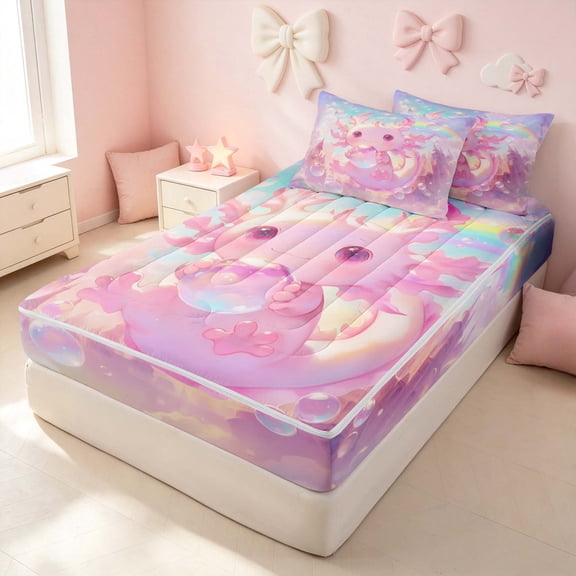 Erosebridal Kawaii Axolotl Zipper Queen Comforter Set with Fitted Sheet and 2 Pillowcases for Girls, Dreamy Rainbow Zipper Bedding Set, Pink Reversible