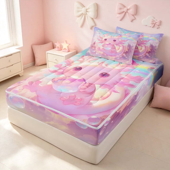 Erosebridal Kawaii Axolotl Zipper Twin Comforter Sets with Fitted Sheet and 2 Pillowcases for Girls, Dreamy Rainbow Zipper Bedding Set, Pink Reversible