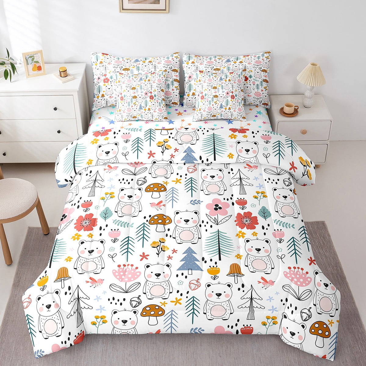 Feelyou Alphabet Kids ABC Learning Bedspread Queen Size, Cartoon Dino Quilted Coverlet Kids Educational Nursery Art Coverlet Set For Boys Girls Jungle Dino Quilted 3Pcs