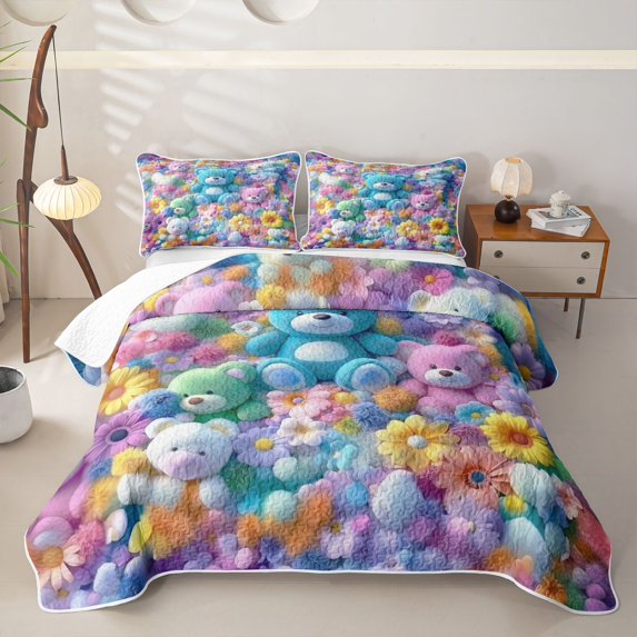 Erosebridal Kawaii Bear Print Twin Quilt Set for Girls, Groovy Flower Floral Twin Coverlet Set, 2-Piece