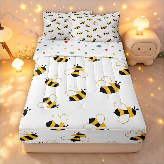 Erosebridal Kawaii Bee Zipper Queen Comforter Set with Fitted Sheet and 2 Pillowcases,Nature Wildlife Theme Zipper Bedding Set,White Yellow,Polkadot Reversible,4pcs