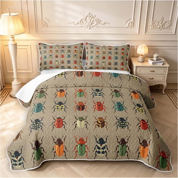 Erosebridal Kawaii Beetles Twin Quilt Set,Cute Theme Twin Coverlet Set,Tan Red,2pcs,1 Bedspread and 1 Pillowcase