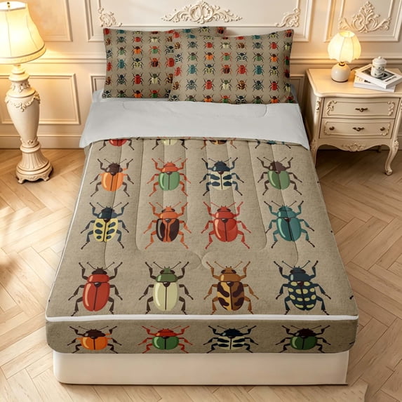 Erosebridal Kawaii Beetles Zipper Queen Comforter Set with Fitted Sheet and 2 Pillowcases,Cute Theme Zipper Bedding Set,Tan Red,Light Gray Reversible,4pcs