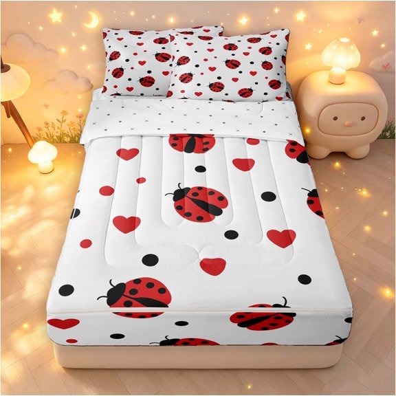 Erosebridal Kawaii Beetles Zipper Twin Comforter Sets with Fitted Sheet and 2 Pillowcases,Lovely Bug Theme Zipper Bedding Set,Black Red,Reversible,4pcs