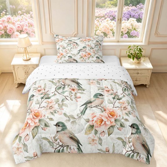 Erosebridal Kawaii Bird Wildlife Twin Comforter Sets,Lovely Flowers Bedding Set,White Gray,Reversible,2pcs,1 Comforter and 1 Pillowcase