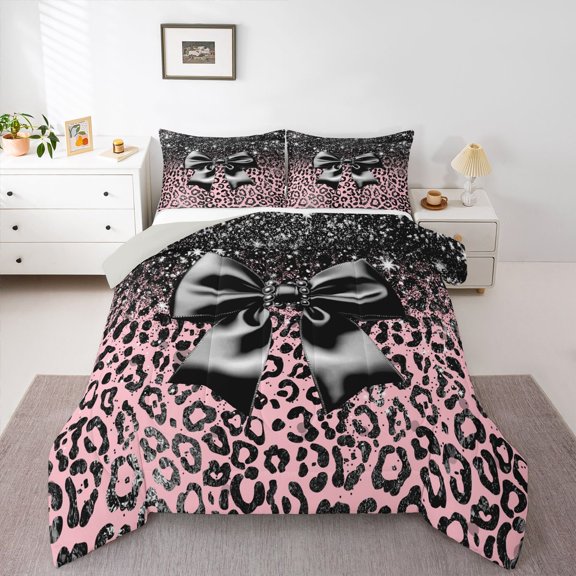 Erosebridal Kawaii Black Ribbon Bow Queen Comforter Set 3pcs For Girls,Leopard Print Glitter Print Bedding Comforter Set For Teens,Grey Reversible