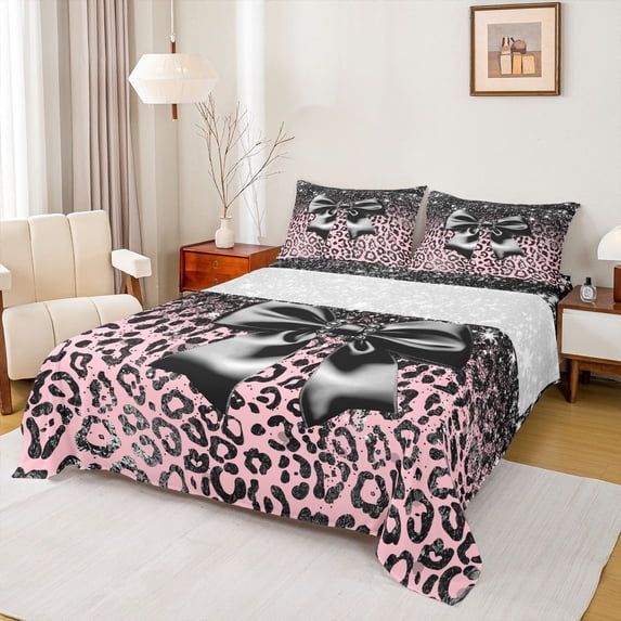 Erosebridal Kawaii Black Ribbon Bow Queen Sheet Sets 4 Pieces For Girls,Leopard Print Glitter Print Bed Set For Teens