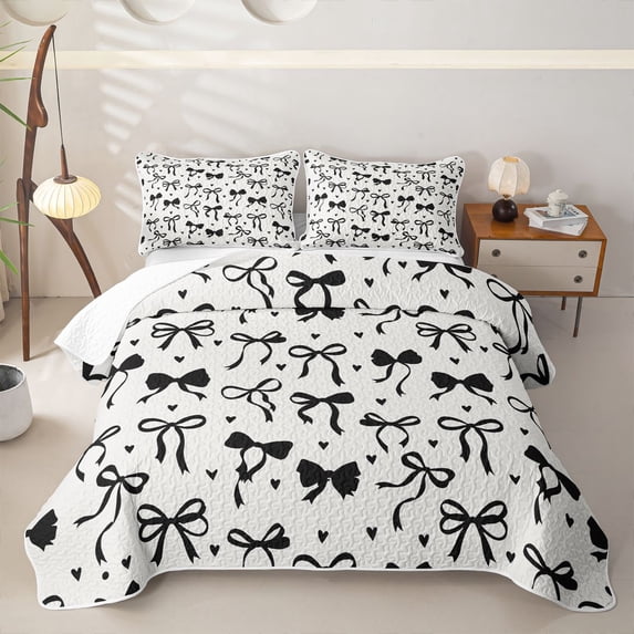 Erosebridal Kawaii Black Ribbon Quilt King for Boys Girls, Princess Bow-tie King Coverlet Set, 3pcs