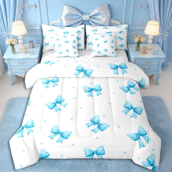 Erosebridal Kawaii Blue Bow Bedding Comforter Set 7pcs for Teens,Kids Girls Cartoon Polka Dots Queen Bedding Sets,Luxury Bedroom Decor