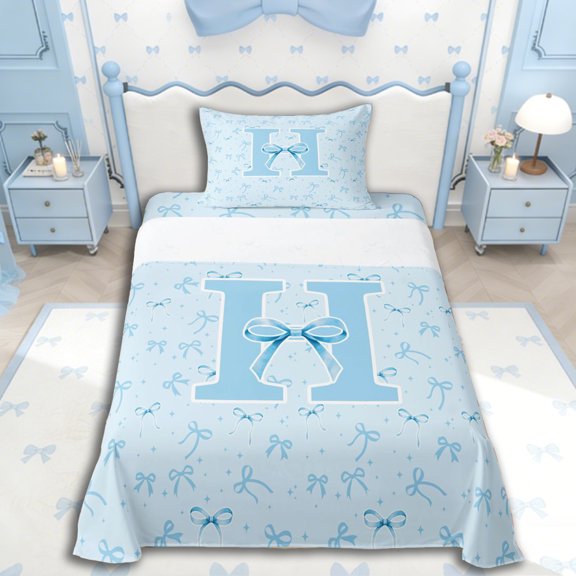 Erosebridal Kawaii Blue Bow Twin Sheet Sets 3pcs For Girls Twin Sheet Sets 3pcs,Personalized Initial H Bedding