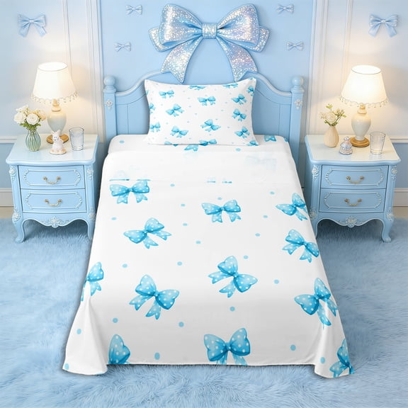 Erosebridal Kawaii Blue Bow Twin Sheet Sets 3pcs for Teens,Kids Girls Cartoon Polka Dots Bedding,Luxury Bedroom Decor