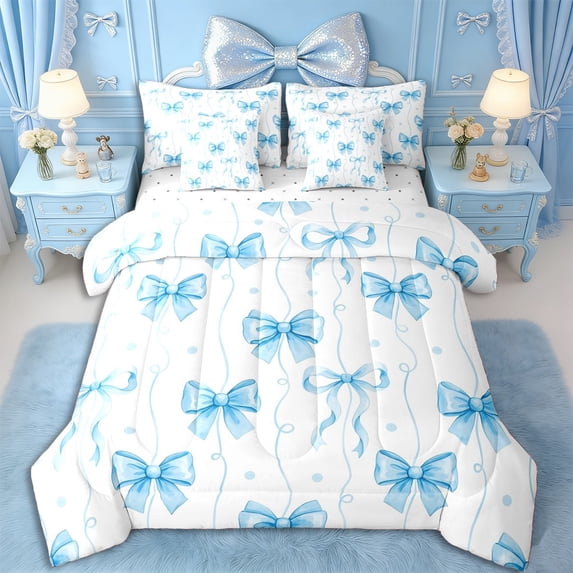 Erosebridal Kawaii Blue Stripes Bow Bedding Comforter Set 7pcs for Teens,Kids Girls Cartoon Polka Dots Queen Bedding Sets,Luxury Bedroom Decor