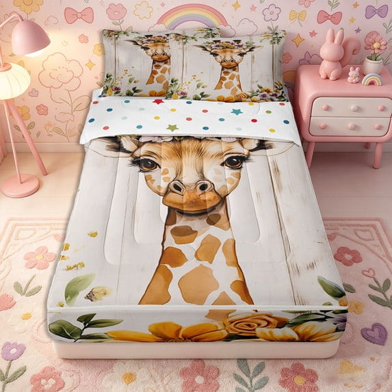 Erosebridal Kawaii Boho Giraffe Zipper Twin Comforter Sets with Fitted Sheet and 2 Pillowcases,Blossom Foliage Print Zipper Bedding Set,Tan Yellow Lilac,Reversible