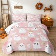 thumbnail image 1 of Erosebridal Kawaii Boo Ghost Quilt Full, Cute Cat Full Bedspread Sets for Girls, Pastel Pink White, 3-Piece 1 Coverlet and 2 Pillowcases, 1 of 7