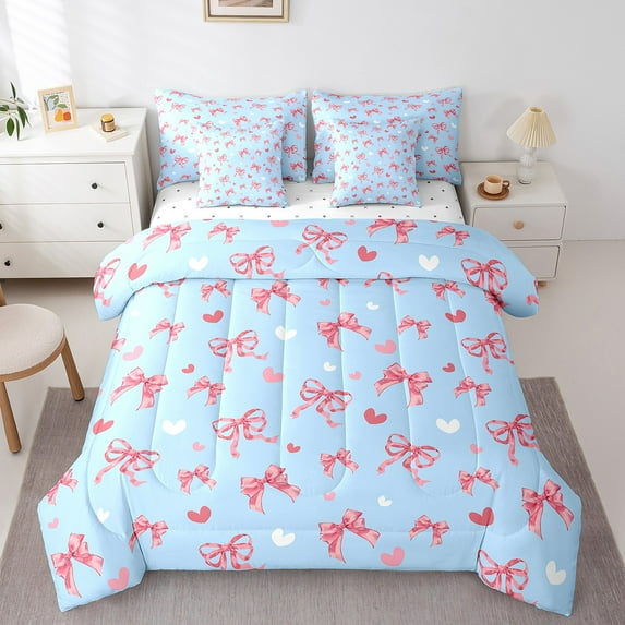 Erosebridal Kawaii Bow Bed in a Bag Queen Size,Fairy Heart Print Bed Set,Blue Pink Bedding Queen Size For Bors Girls,Microfiber Bedroom Decor Reversible,7 Pieces