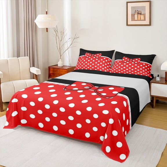 Erosebridal Kawaii Bow Bed Sheets Set Twin Size for Teens, Polka Dot Bed Sheets Twin, Cartoon Bow Decor 3pcs