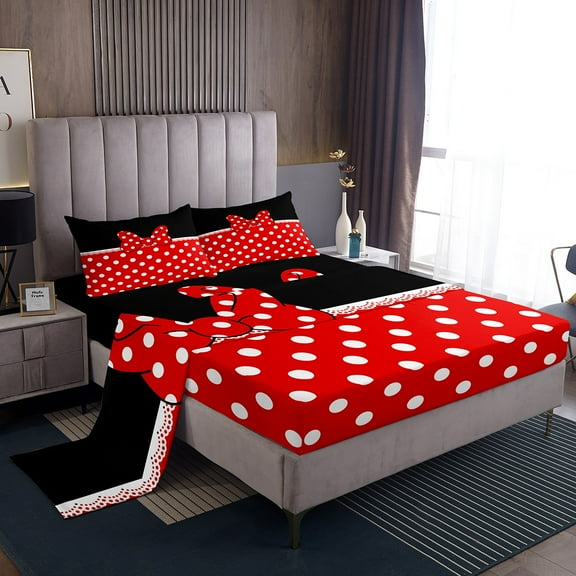 Erosebridal Kawaii Bow Bed Sheets Set Twin Size for Teens, Polka Dot Bed Sheets Twin, Cartoon Bow Decor 3pcs