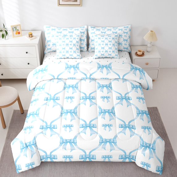 Erosebridal Kawaii Bow Bed in a Bag Full size,Plaid Buffalo Bed Set,Blue White Bedding Full Size,Super Cozy Cartoon Room Decorative,Reversible,7pcs