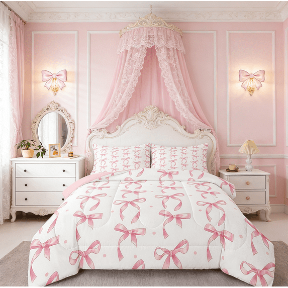 Erosebridal Pink Bowknot Bedding Sets Queen with Comforter, Cute Princess Duvet Insert, Bow Tie Decor, Reversible 3 Pieces
