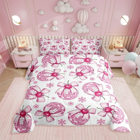 Erosebridal Kawaii Bow Bedding Set Disco Crystal Ball Western Cowgirl Comforter Set Twin Teens Room Decor Starry Sky Bow Tie Comforter Snowflake Print Duvet Set 2Pcs