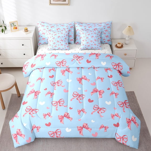 Erosebridal Kawaii Bow Bedding Sets Full Size,Fairy Heart Print Comforter Sets with Sheets,Blue Pink Bed in a Bag Full Size For Bors Girls,Microfiber Bedroom Decor Reversible,7-Piece