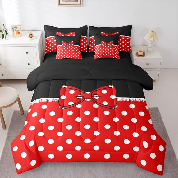 Erosebridal Kawaii Bow Bedding Sets Twin Size for Teens, Polka Dot Comforter Sets with Sheets, Cartoon Bow Decor, Reversible 7pcs