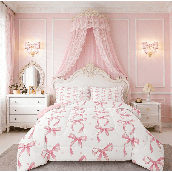 Erosebridal Pink Bowknot Comforter Sets Twin Size, Cute Princess Comforters & Duvets, Bow Tie Decor, Reversible 2 Pieces