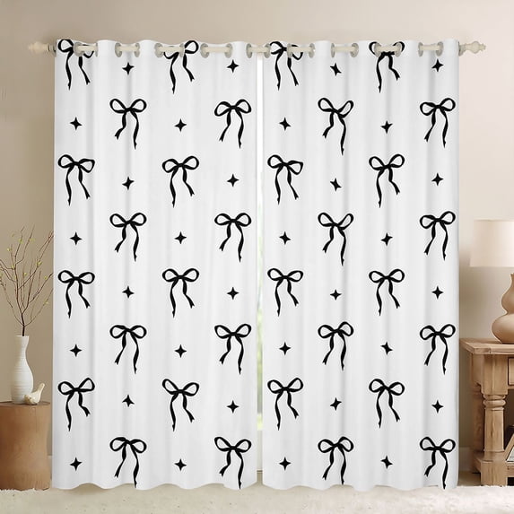 Erosebridal Kawaii Bow Blackout Curtains Set of 2 (52x84 Each) for Girls Women, White Black Stars Window Curtains