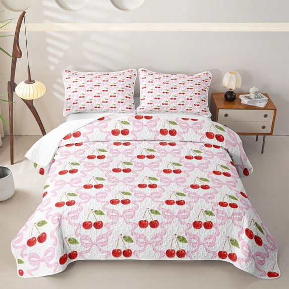Erosebridal Kawaii Bow Cherry Quilt Full for Girls, Princess Ribbon Print Full Bedspread Sets, 3pcs