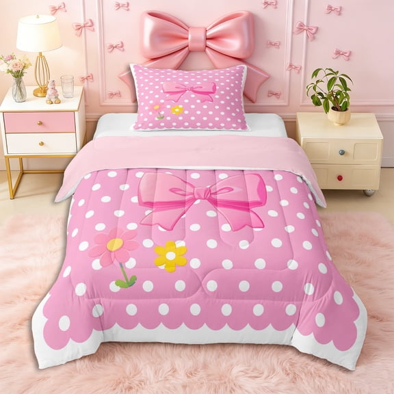 Erosebridal Kawaii Bow Flowers Twin Comforter Sets 3-Piece for Teens,Kids Girls Cartoon Polka Dots Bedding Set,Pink Reversible,Luxury Bedroom Decor