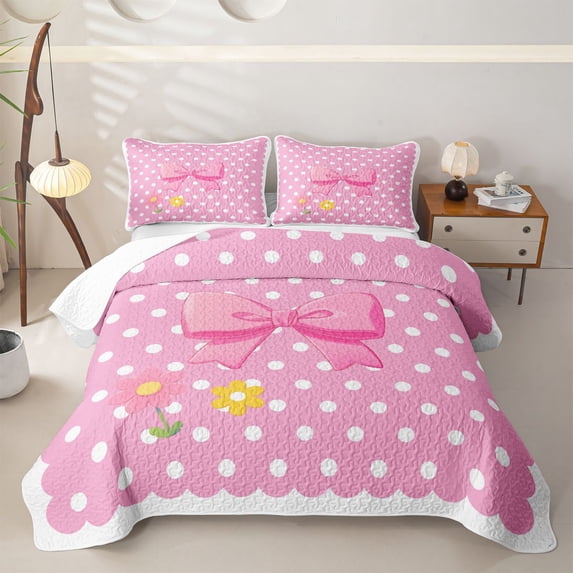 Erosebridal Kawaii Bow Flowers Twin Quilt Set for Teens,Girls Cartoon Polka Dots Twin Coverlet Set