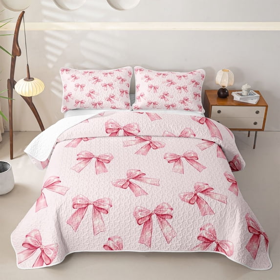 Erosebridal Kawaii Bow Girl Quilt Full, Cartoon Ribbon Full Bedspread Sets, 3-Piece