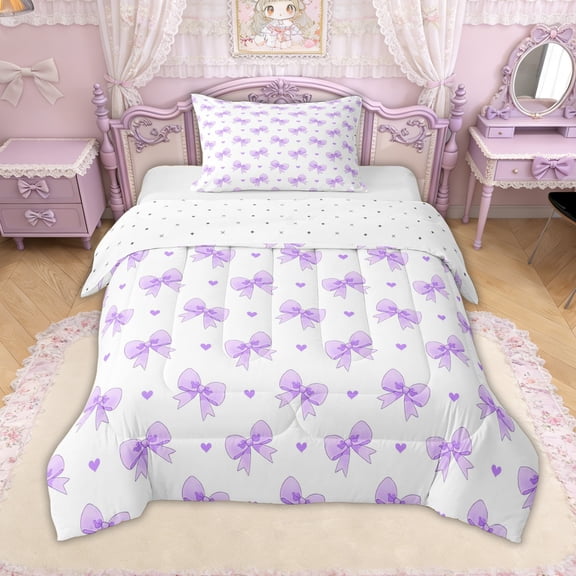 Erosebridal Kawaii Bow Love Heart Twin Comforter Sets for Girls, Purple Ribbon Bedding Set, Reversible, 2pcs