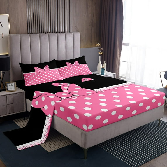 Erosebridal Kawaii Bow Queen Sheet Sets for Teens, Polka Dot Bedding Queen Size, Cartoon Bow Decor 4pcs