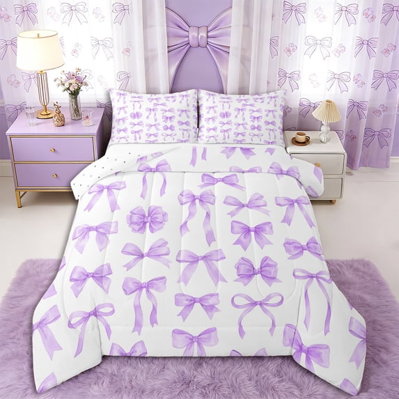 Erosebridal Kawaii Bow Tie Queen Comforter Set 3pcs,Purple Princess Bow Knot Bedding Comforter Set,Luxury Bedroom Decor