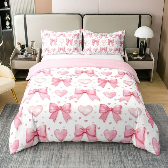 Erosebridal Kawaii Bowknot 100% Cotton Comforter Cover Full,Cartoon Love Heart Bedding Full Size,Cartoon Cute Decor,Reversible,Lightweight,3pcs(No Comforter)