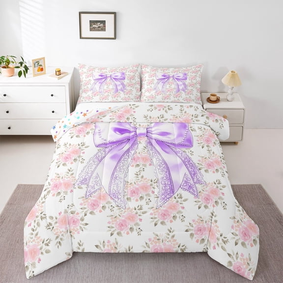Erosebridal Kawaii Bowknot Bedding King Comforter Set,Romantic Flower Bedding Sets King with Comforter,Pink Purple Down Comforter,Ultra Soft Dreamy Room Decor,Reversible,3 Pieces