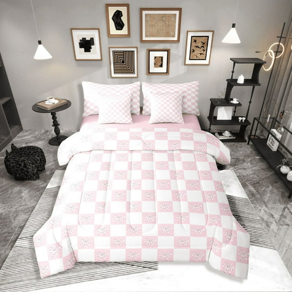 Erosebridal Kawaii Bowknot Bedding Sets Twin Size,Geometric Buffalo Comforter Sets with Sheets,Checkered Room Decorative,Reversible,Breathable,7-Piece