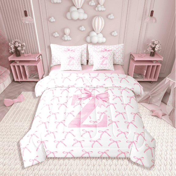 Erosebridal Kawaii Bowknot Bedding Sets Twin Size,Initial Letter Comforter Sets with Sheets,Monogrammed Decor,Reversible,7pcs
