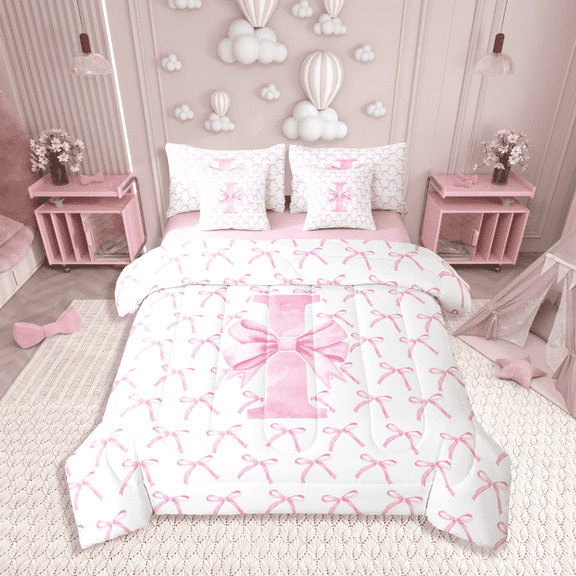 Erosebridal Kawaii Bowknot Bedding Sets Twin Size,Initial Letter Comforter Sets with Sheets,Monogrammed Decor,Reversible,7pcs