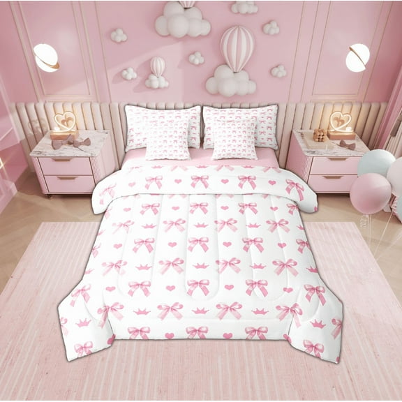 Erosebridal Kawaii Bowknot Bedding Sets Twin Size,Love Heart Comforter Sets with Sheets,Dreamy Princess Bed in a Bag Twin size,Lightweight Female Bedroom Decorative,Reversible,7-Piece